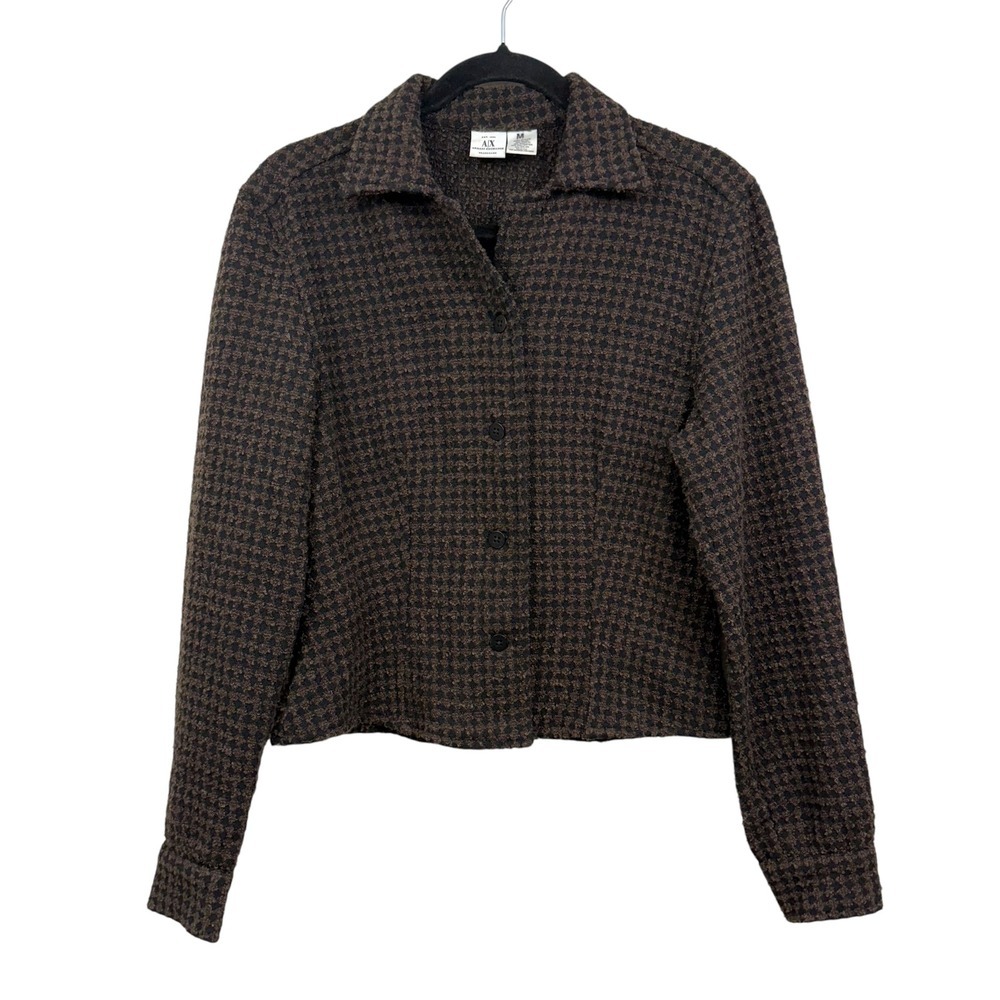 AX Armani Exchange Women Wool Blazer Houndstooth Brown Black Sz M Made in Italy*